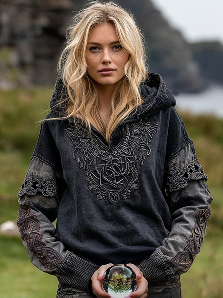 Viking Celtic Knot Inspired Tribal Cotton And Linen Hoodie