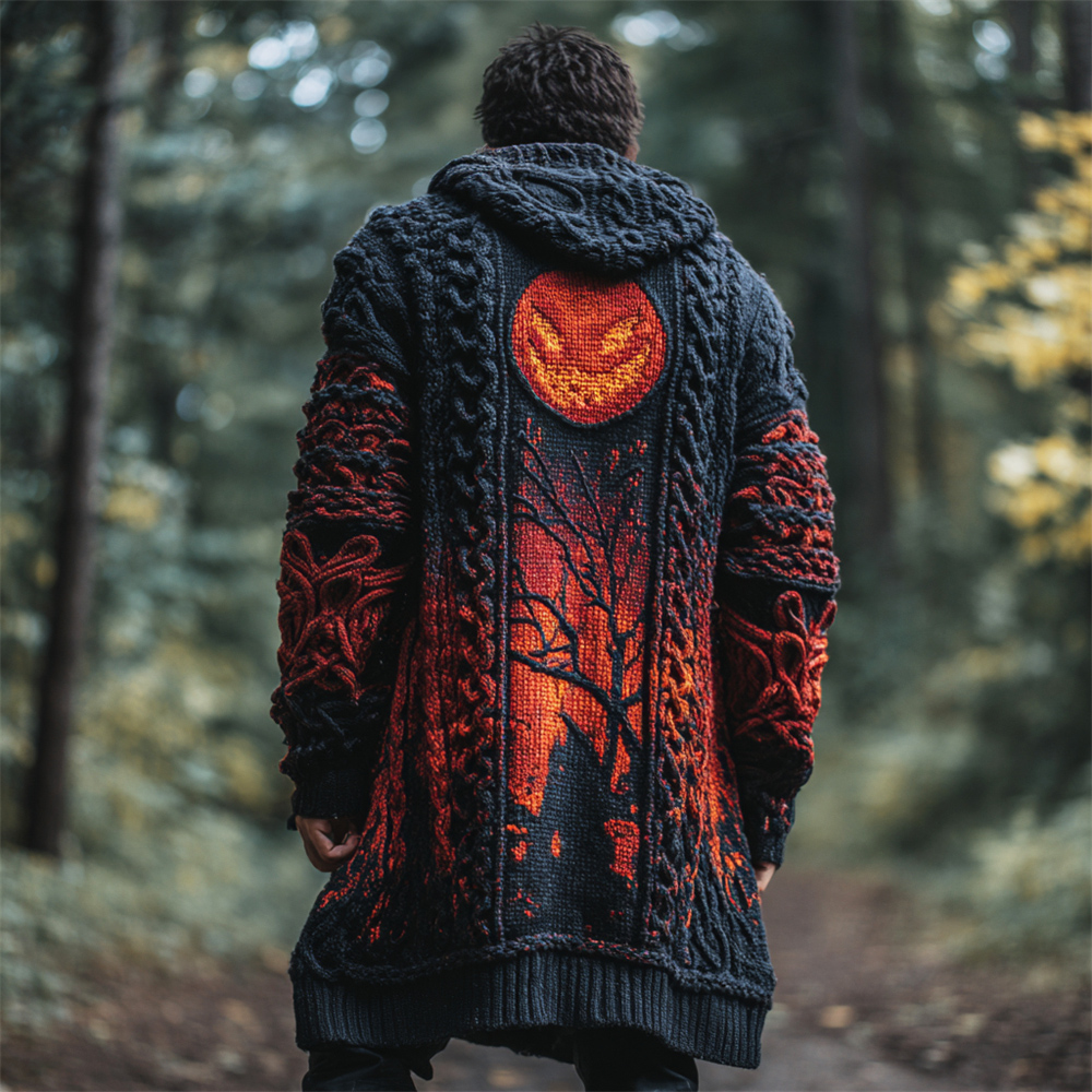 Halloween Pumpkin Lights Men's Hooded Twist Sweater Cardigan