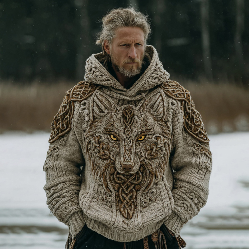 Men's Vintage Viking Wolf Celtic Knot Art Cozy Knit Hooded Sweater
