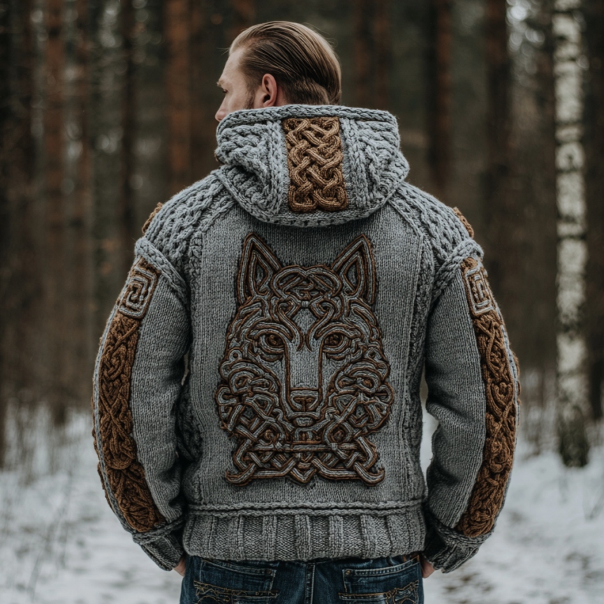 Men's Vintage Viking Wolf Celtic Knot Art Chunky Knit Hooded Zip-up Sweater