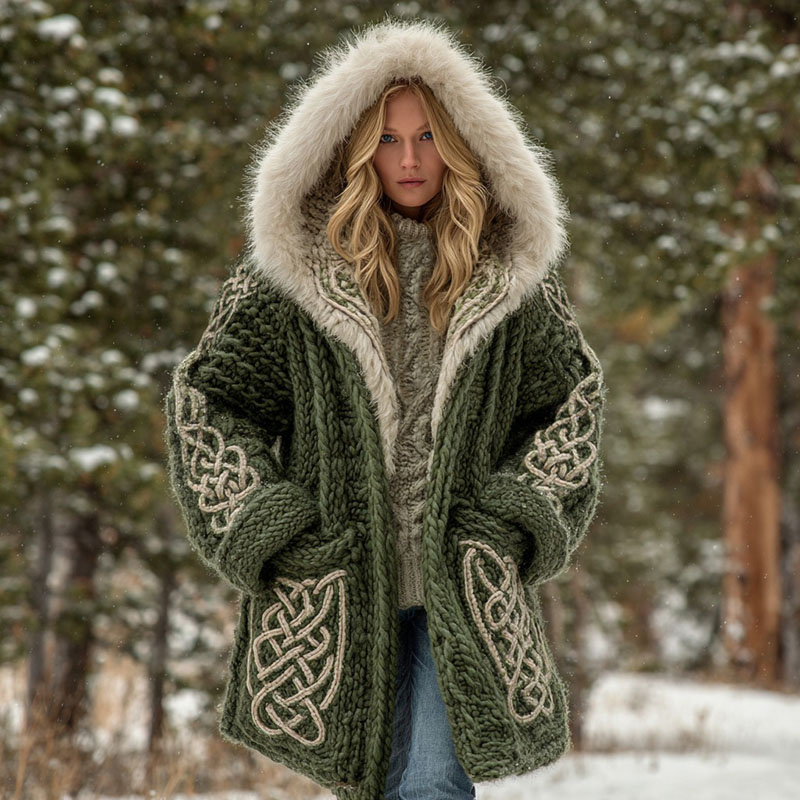 Women's Retro Celtic Knot Chunky Knit Fuzzy Mid-length Hooded Cardigan