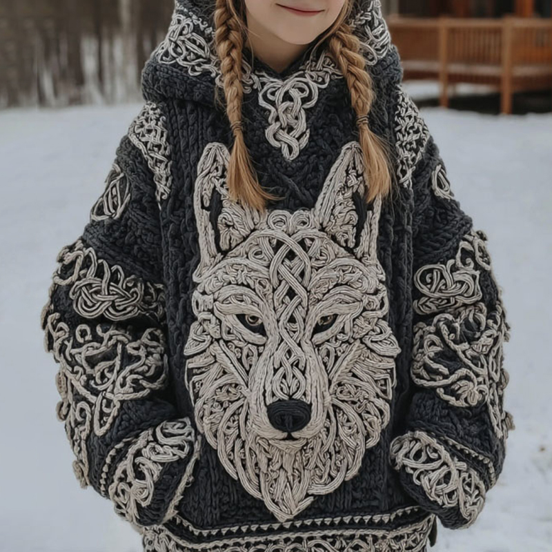 Women's Viking Wolf Pattern Art Knitted Cozy Hooded