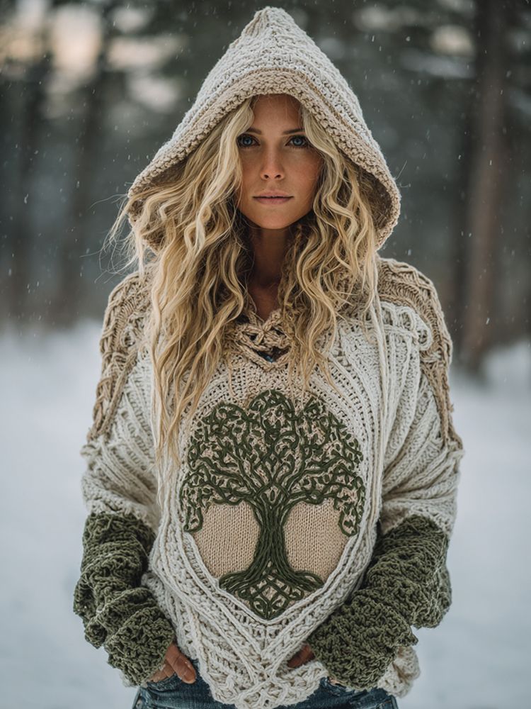 Women's Viking Tree Of Life Celtic Knot Cozy Knit Hooded Sweater
