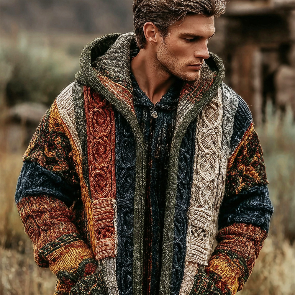 Celtic Knot Vintage Geometric Art Men's Knit Hooded Cardigan