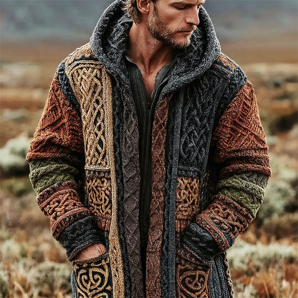 Celtic Knot Vintage Geometric Men's Knit Hooded Cardigan