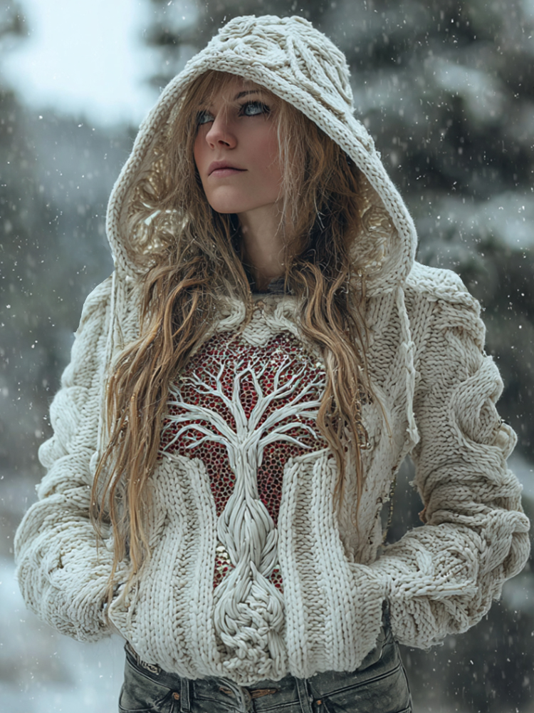 Women's Viking Style Hollow Knit Tree Of Life Hooded Sweater