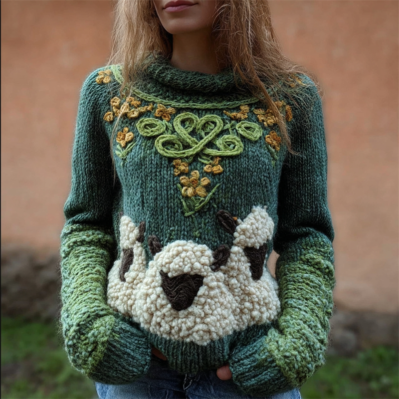 Fuzzy Sheep Floral Vintage Celtic Cozy Knit Sweater