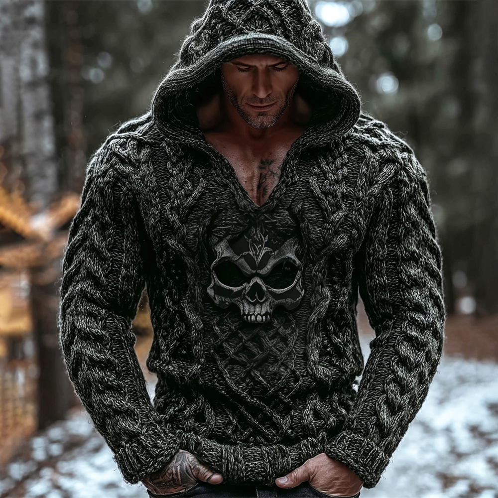 Viking Evil Skull Vintage Men's Chunky Knit Twist Hooded Sweater