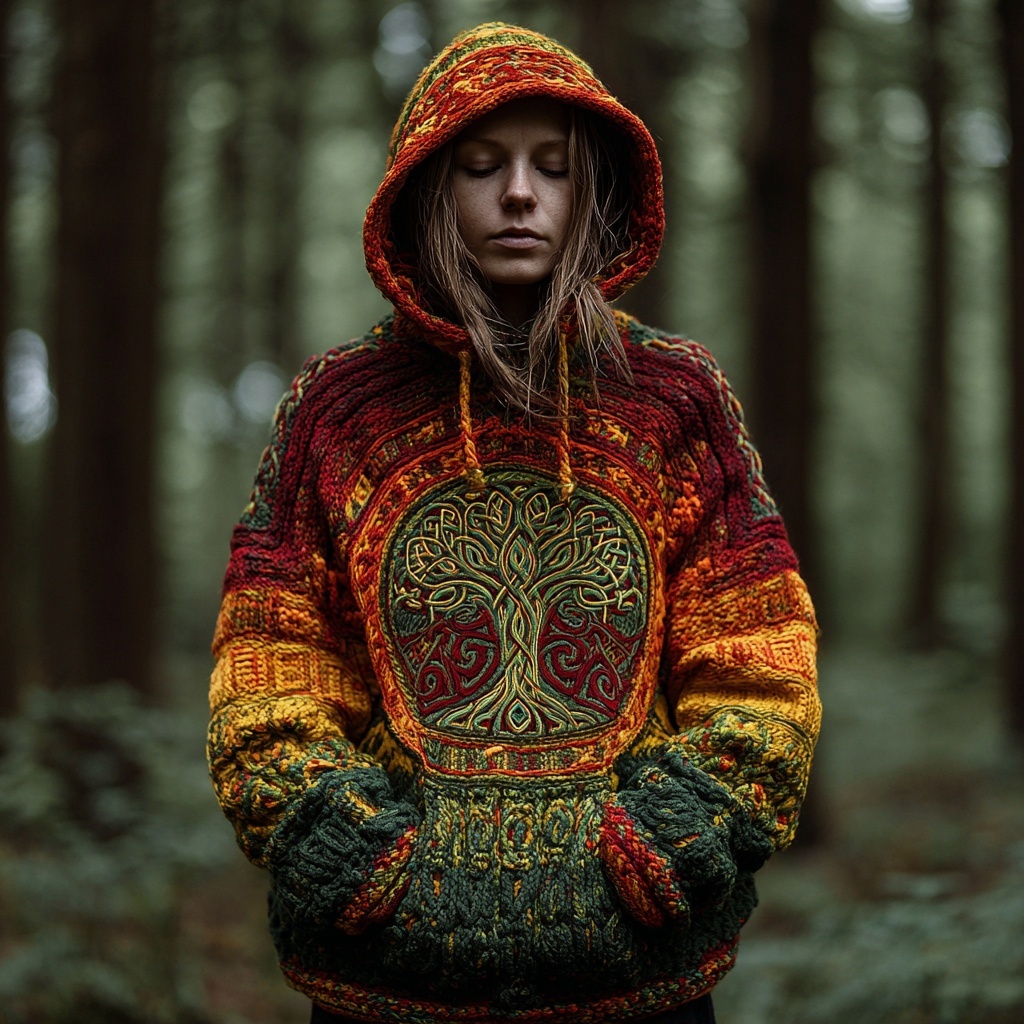 Viking Inspired Colored Tree Of Life Cozy Hooded Sweater