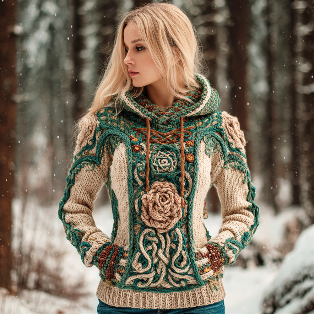 Celtic Knot & Rose Knit Art Women's Hooded Sweater