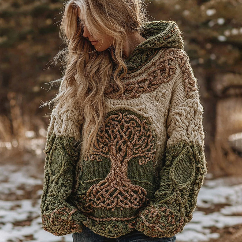 Women's Vintage Tree Of Life Celtic Knot Gradient Pattern Cozy Knit Hooded Sweater