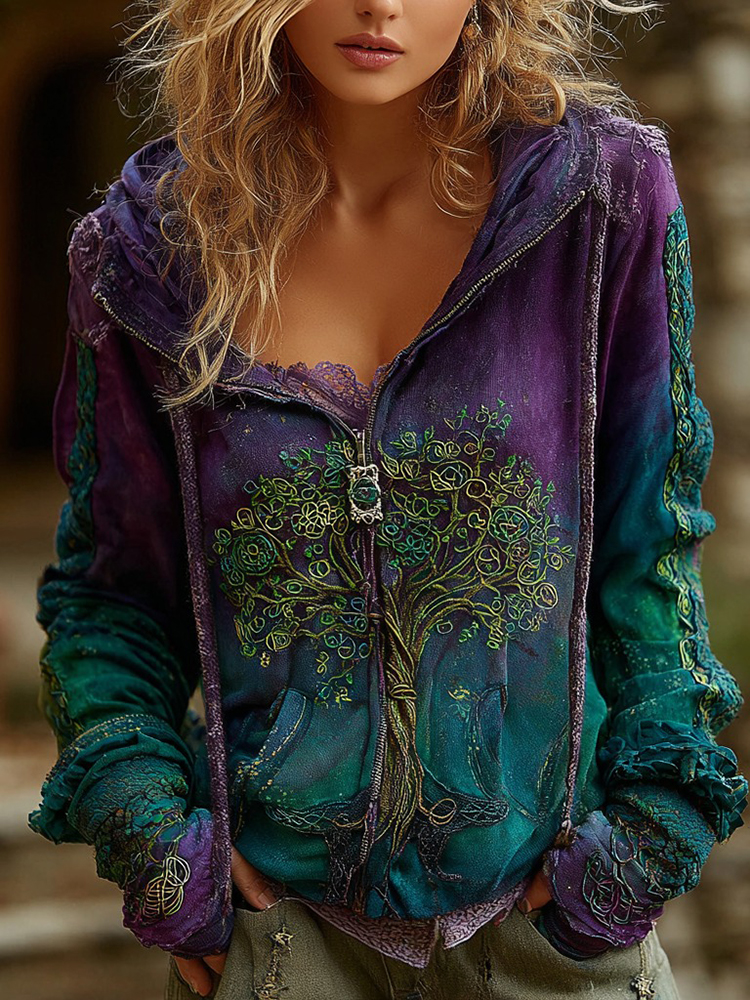 Women's Vintage Viking Tree Of Life Cozy Warm Zip Hoodie Cardigan