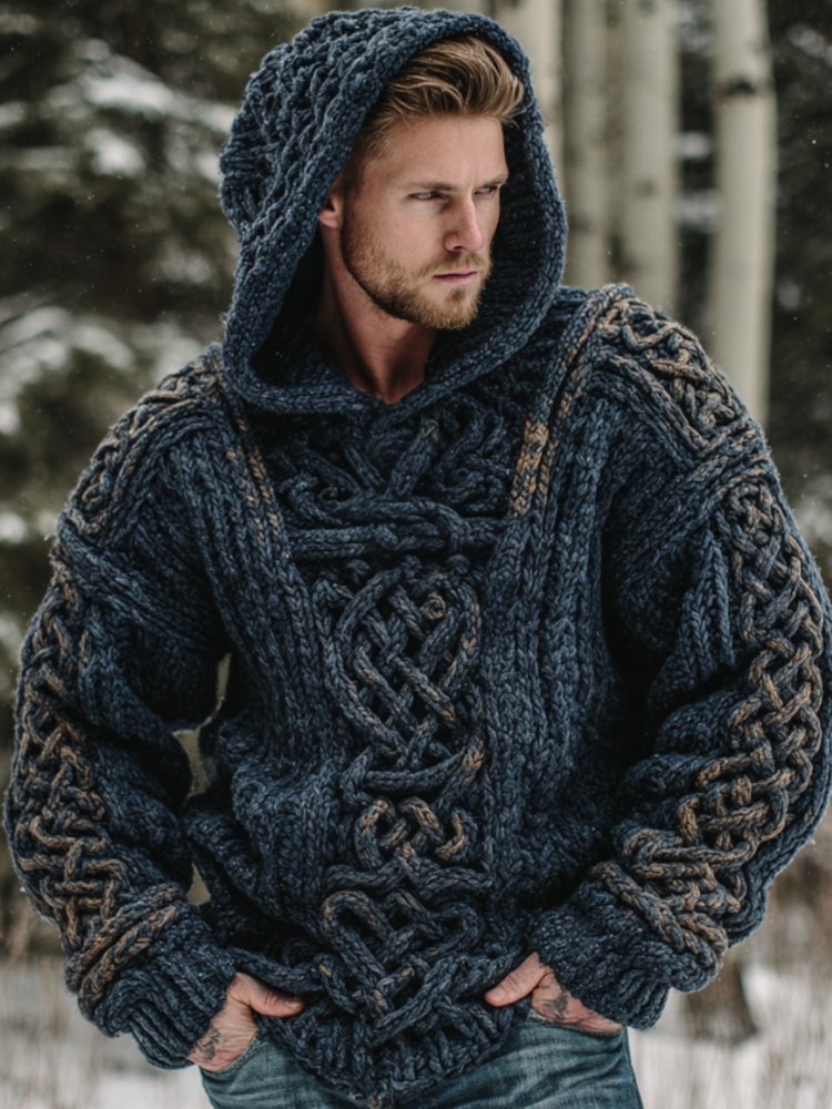 Vintage Viking Celtic Knot Art Chunky Knit Hooded Sweater