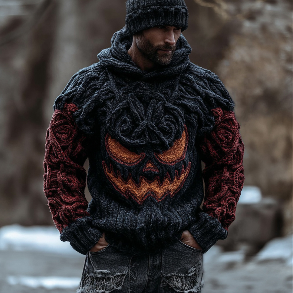 Men Halloween Pumpkin Emojis Hooded Coarse Needle Sweater