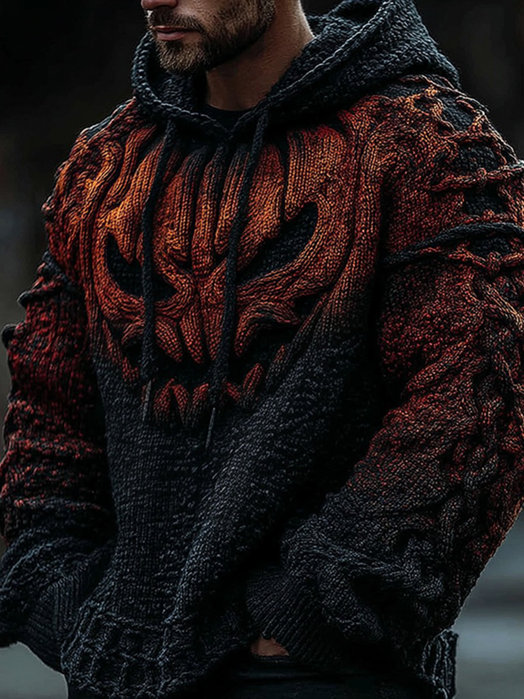 Men's Halloween Pumpkin Face Gradient Jacquard Knit Hooded Sweater