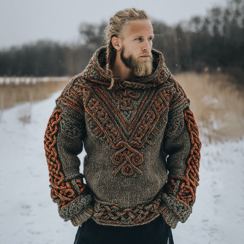 Men's Vintage Viking Celtic Knot Art Knit Hooded Sweater
