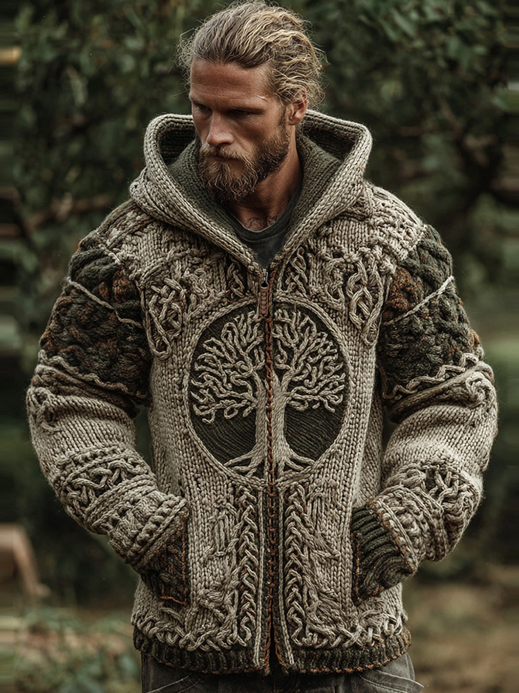 Men's Vintage Viking Tree Of Life Jacquard Knitted Cozy Zipper Up Hooded Cardigan