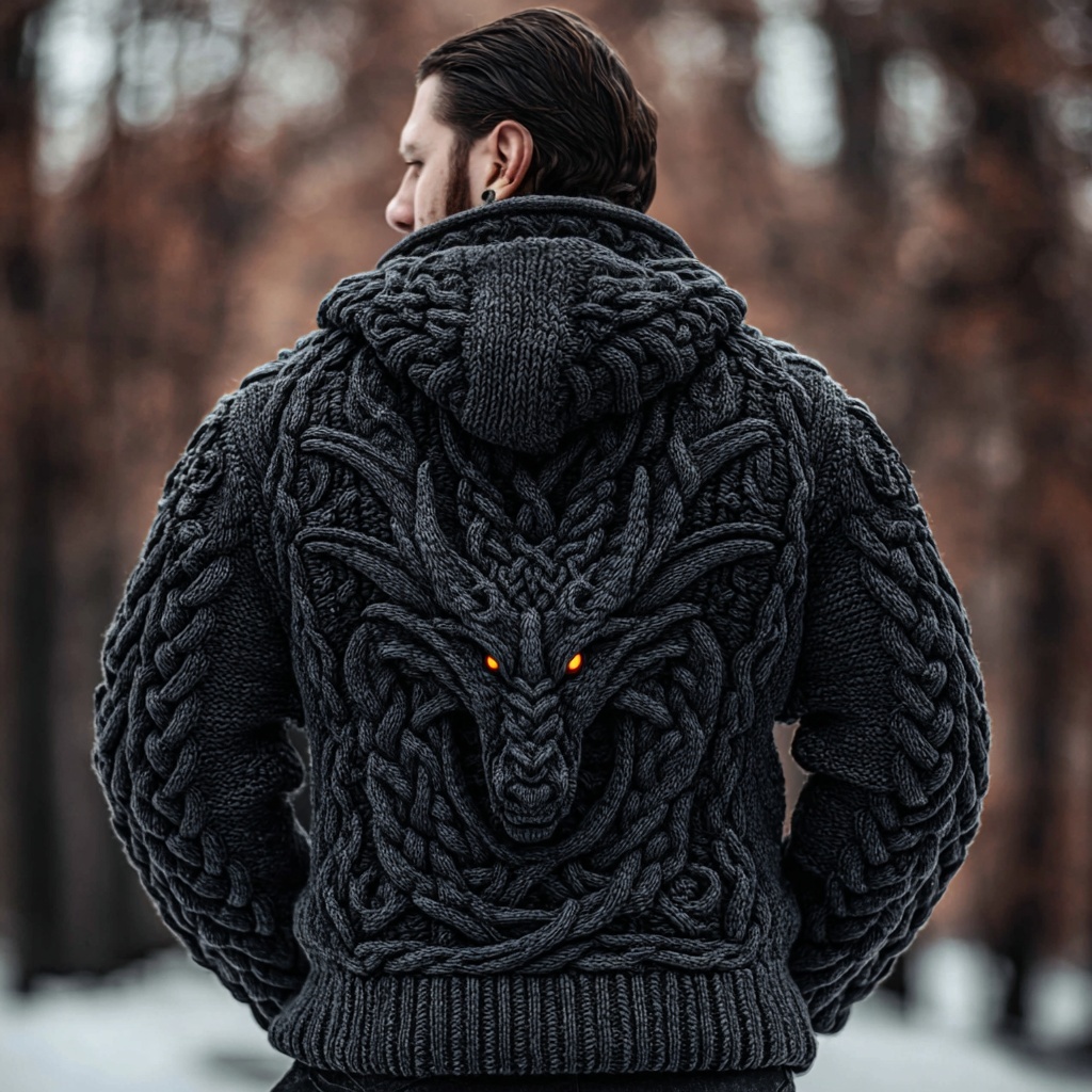 Men's Viking Inspired Celtic Dragon Cozy Sweater Cardigan