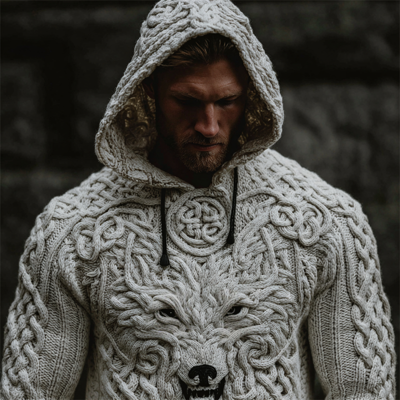 Men's Viking White Wolf Celtic Knot Chunky Hooded Sweater