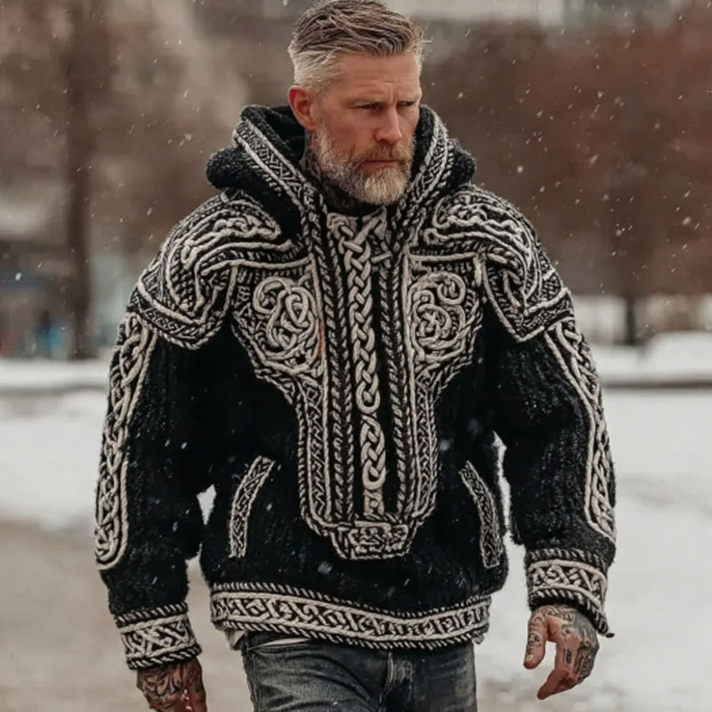 Vintage Viking Celtic Knot Art Knitted Hooded Sweater