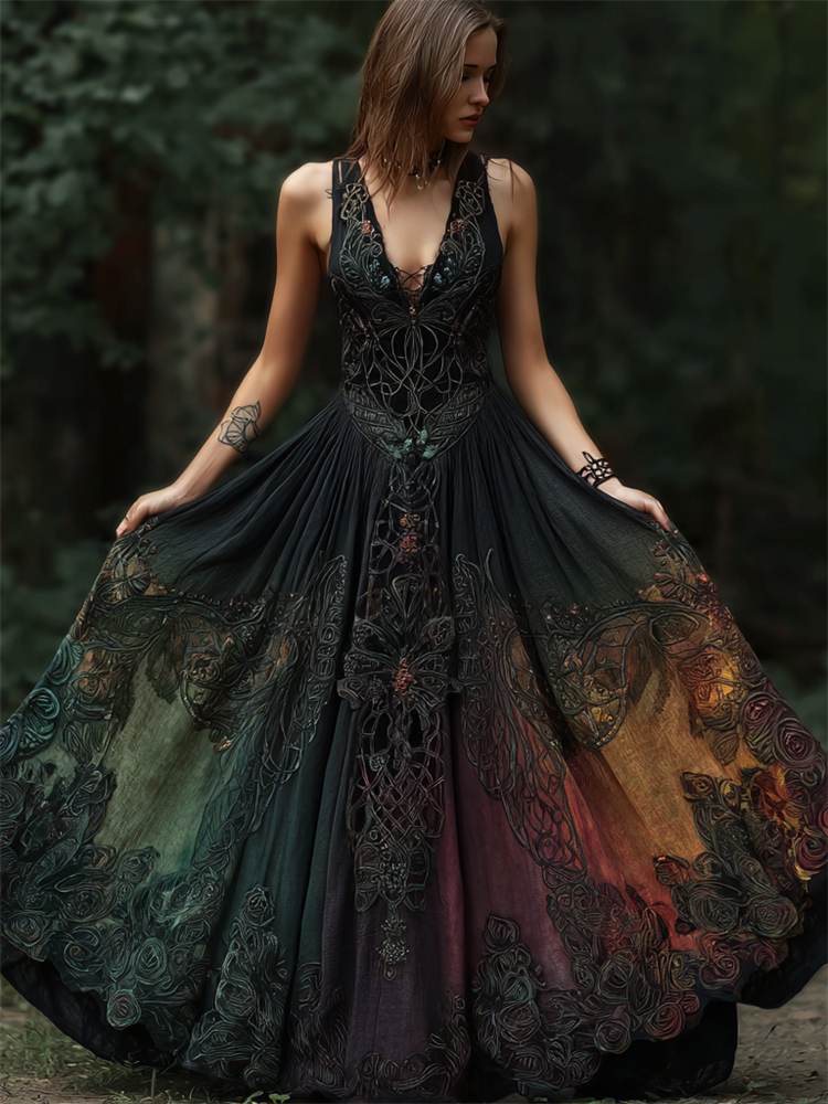 Vintage Mystical Rainbow Gradient Dark Celtic Embroidered Maxi Dress