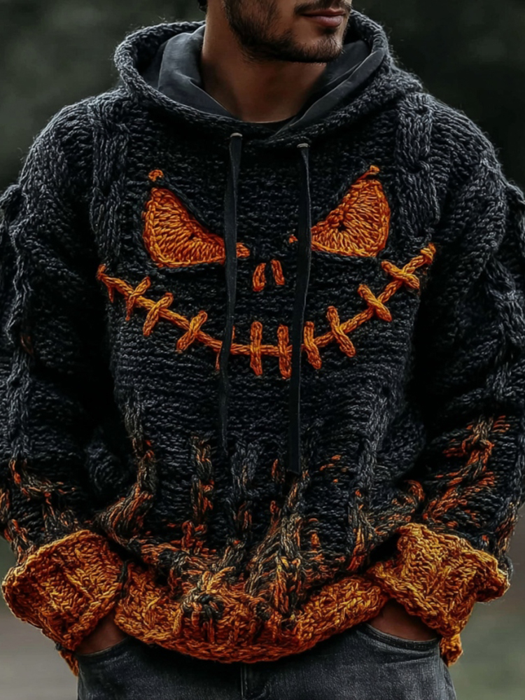 Men's Halloween Pumpkin Art Knit Hooded Sweater