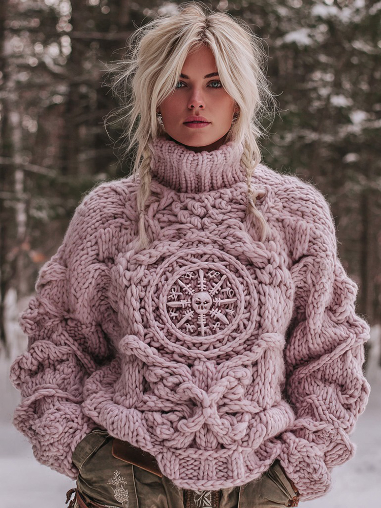 Women's Viking Rune Art Chunky Knit Turtleneck Sweater