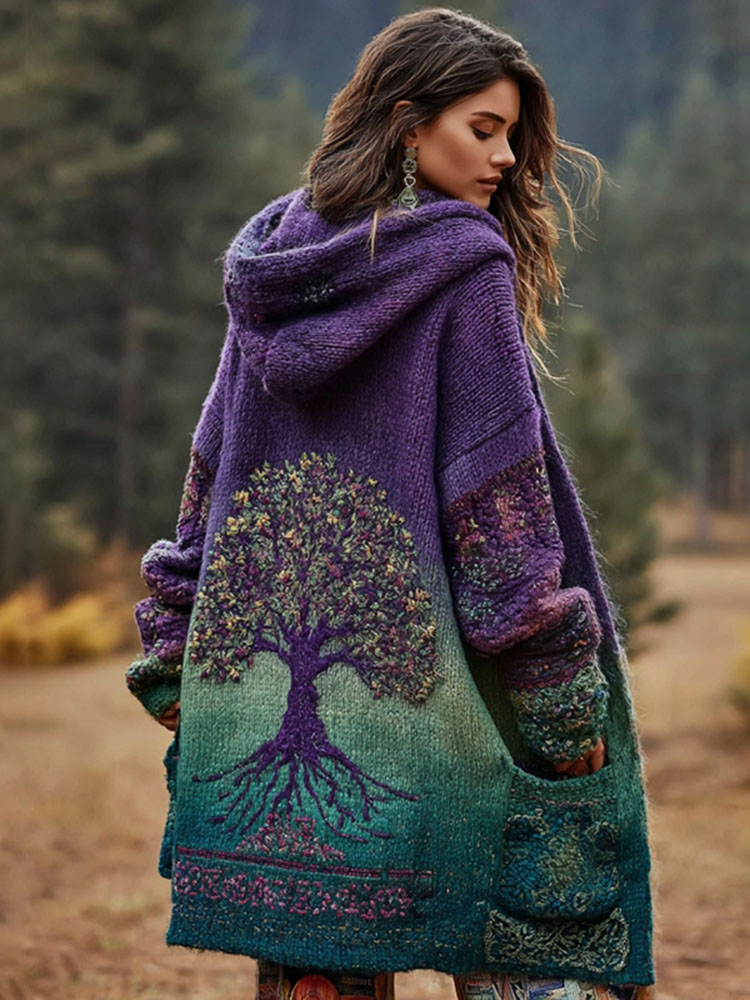 Women's Viking Floral And Life Of Tree Art Knitted Cozy Hooded Cardigan
