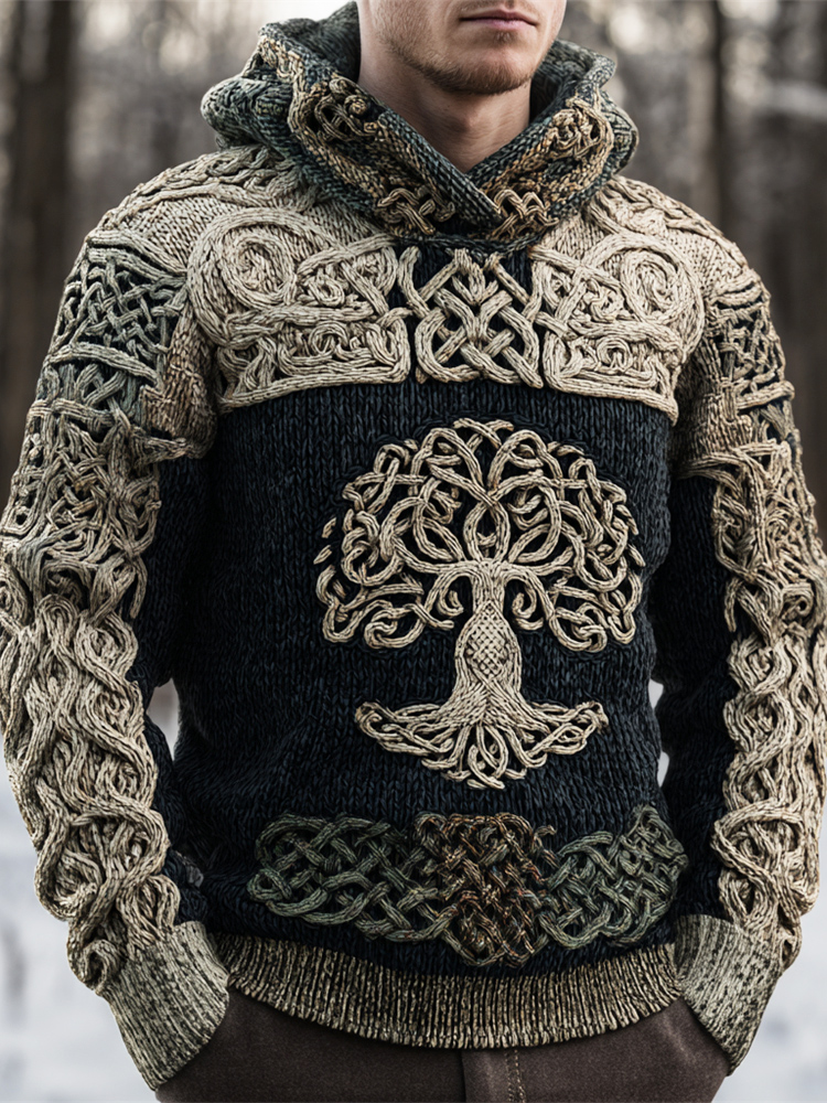 Viking Celtic Tree Knit Art Men's Hooded Sweater