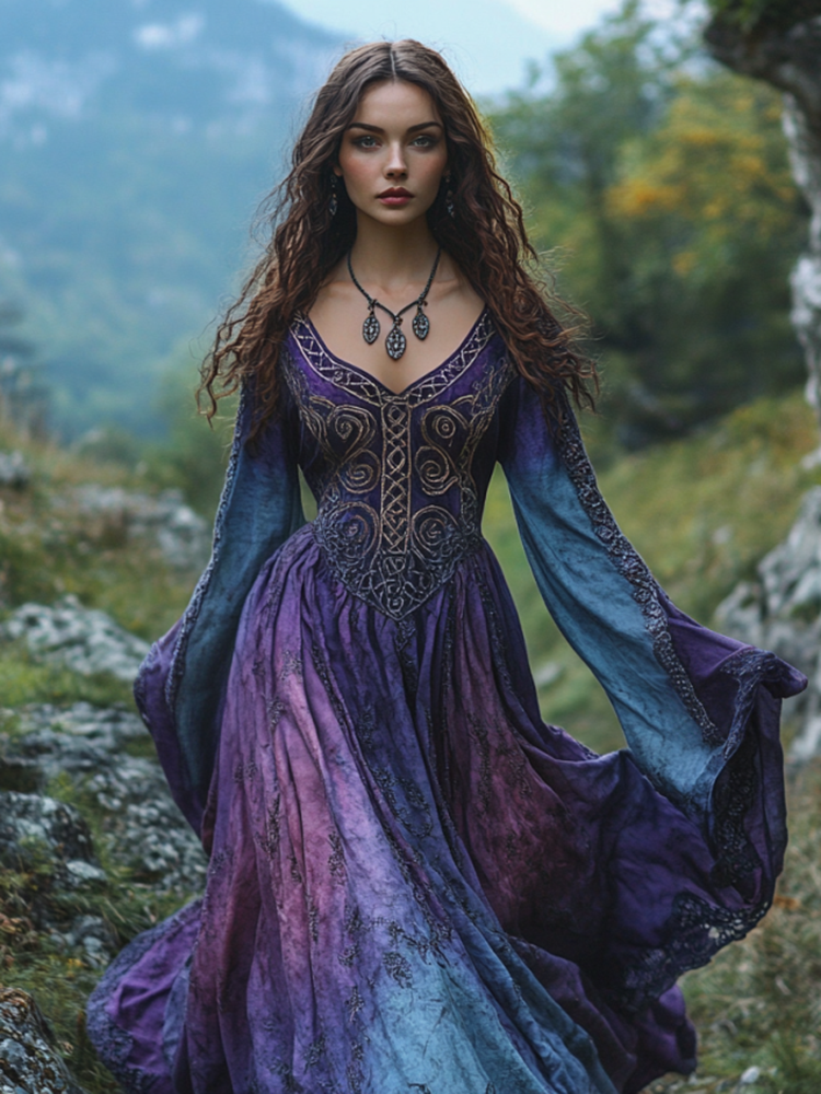 Vintage Viking Tribal Celtic Knot Art Linen V-neck Maxi Dress