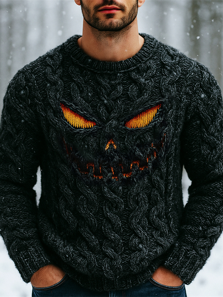 Halloween Evil Pumpkin Emoji Men's Chunky Knit Crewneck Sweater