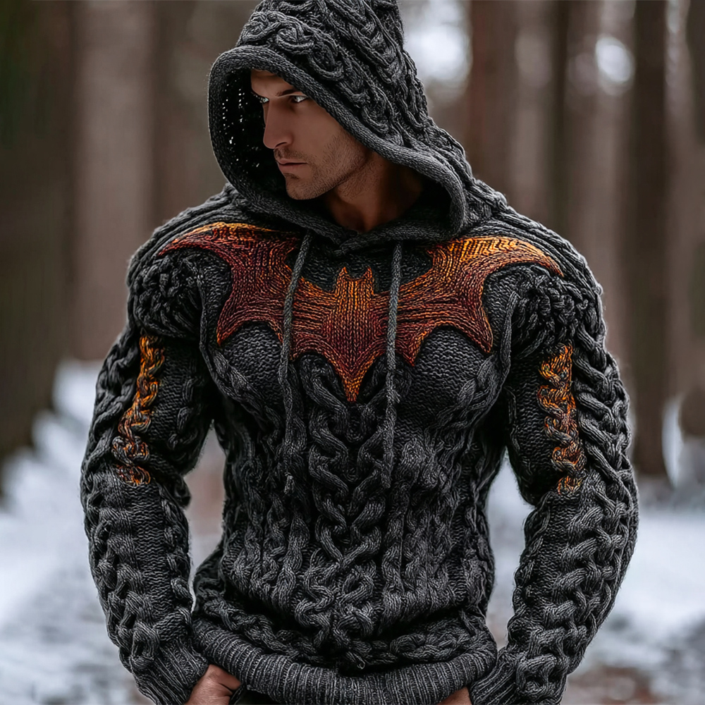 Halloween Gold Bat Art Men's Chunky Knit Hooded Sweater