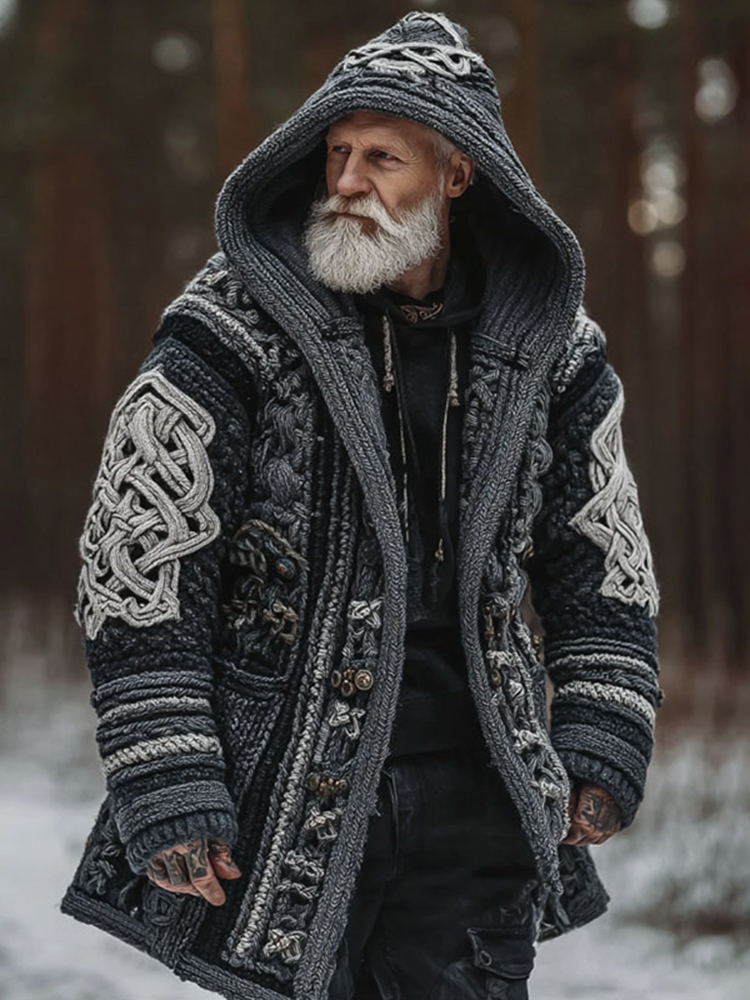 Men's Viking Celtic Geometry Pattern Art Cozy Knit Hooded Cardigan