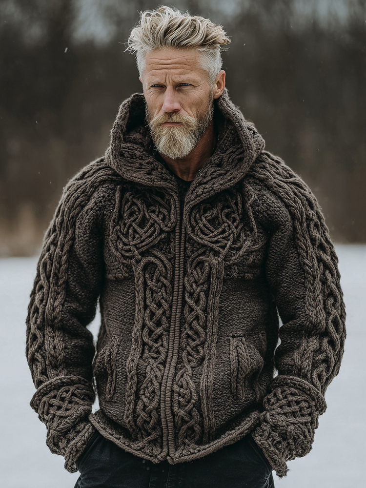 Men's Vintage Celtic Knot Jacquard Zipper Hooded Aran Sweater
