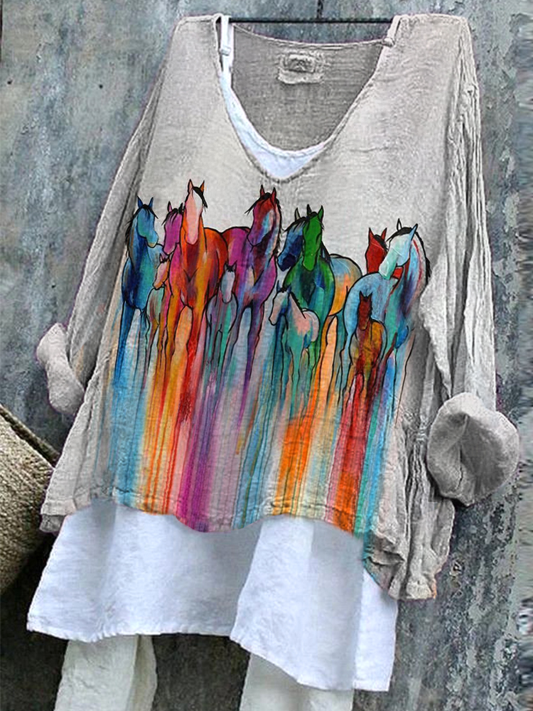 Colorful Horse Print Cozy Cotton Linen Vintage Shirt