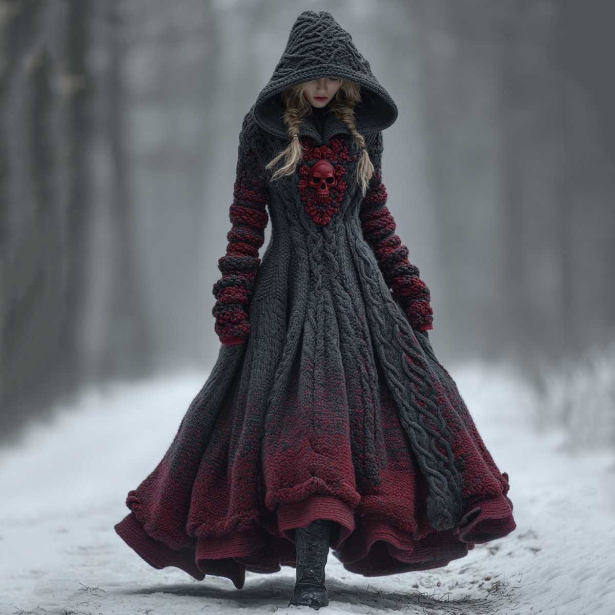 Women's Vintage Halloween Skull Ombre Hooded Sweater Dress