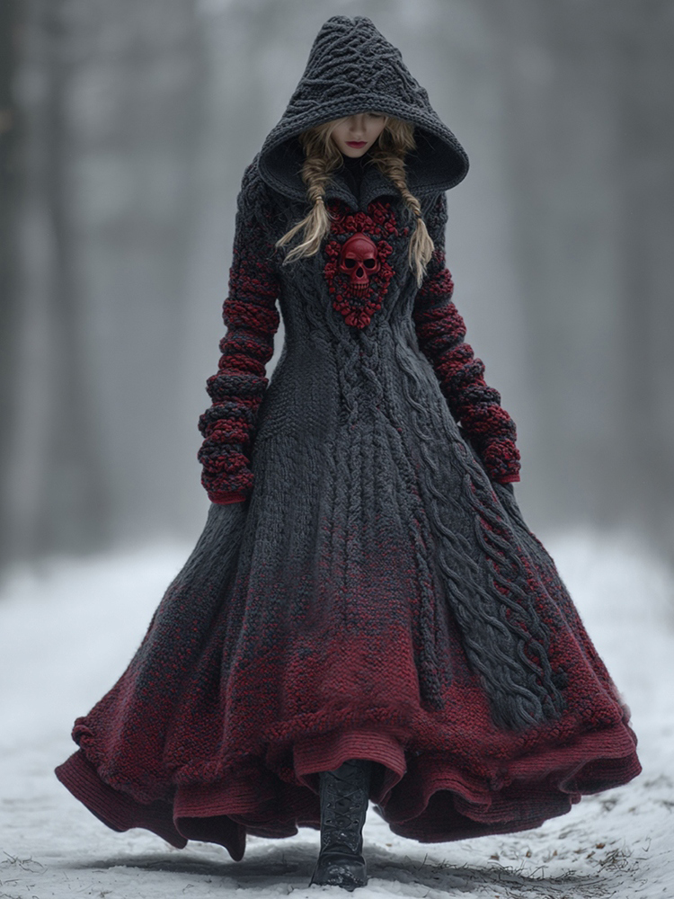 Women's Vintage Halloween Skull Ombre Hooded Sweater Dress