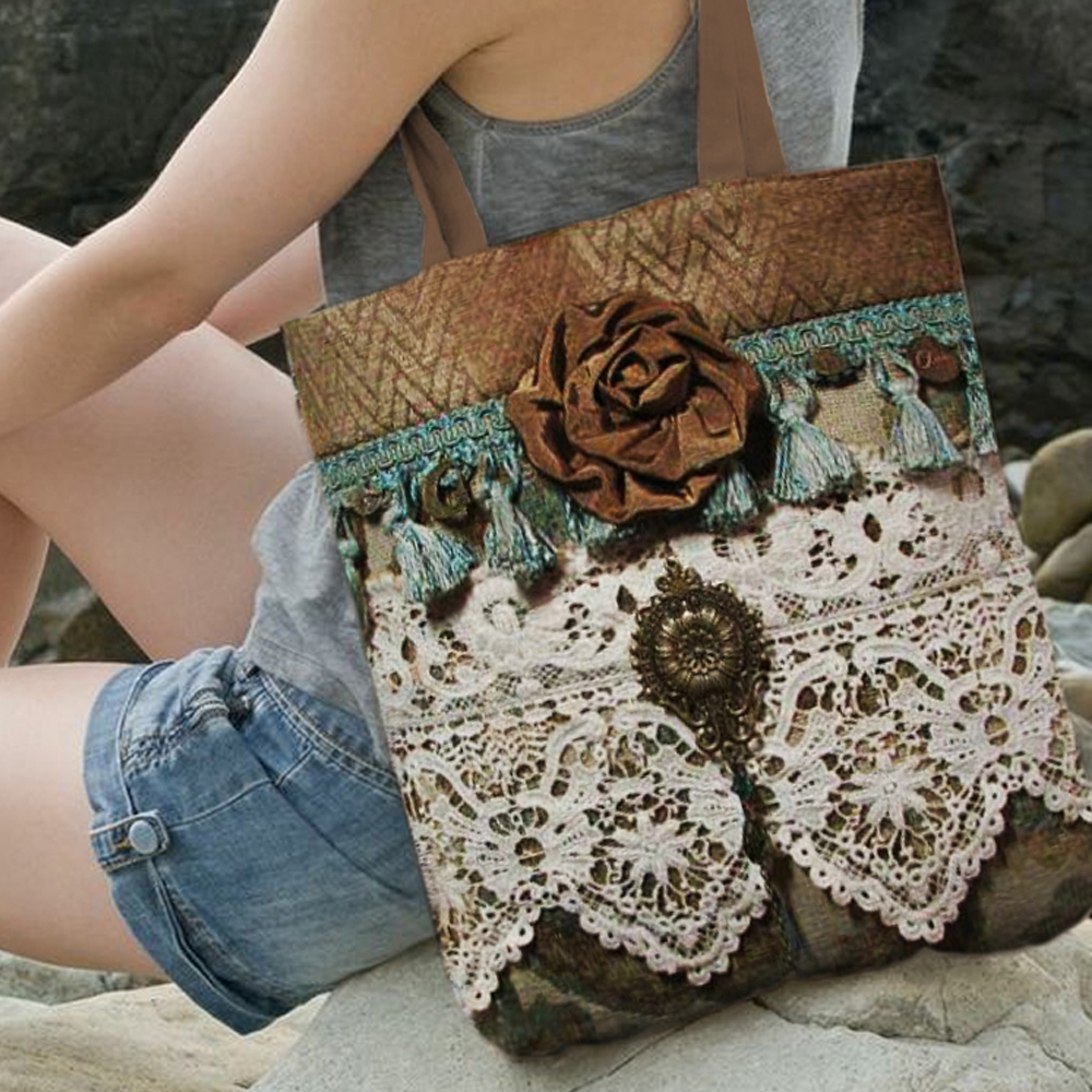 Vintage Lace Floral Art Canvas Bag