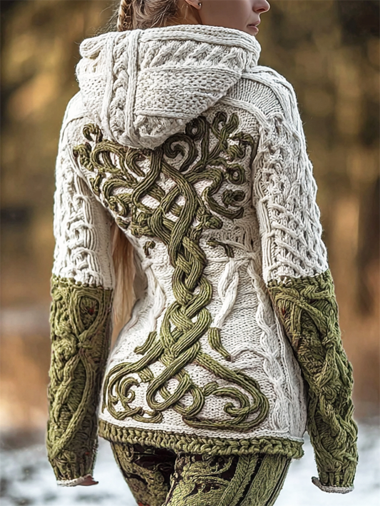 Vintage Viking Tree Of Life Celtic Contrast Cozy Hooded Sweater