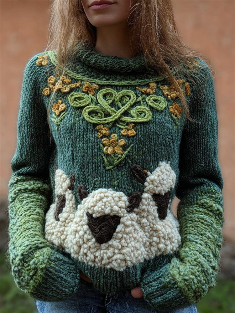 Fuzzy Sheep Floral Vintage Celtic Cozy Knit Sweater