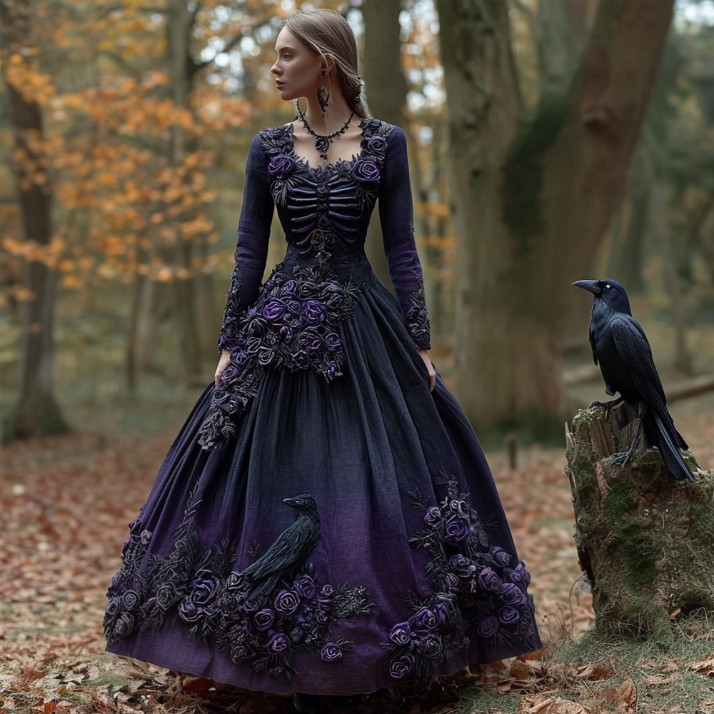 Classy Raven & Roses Skeleton Gradient Maxi Dress