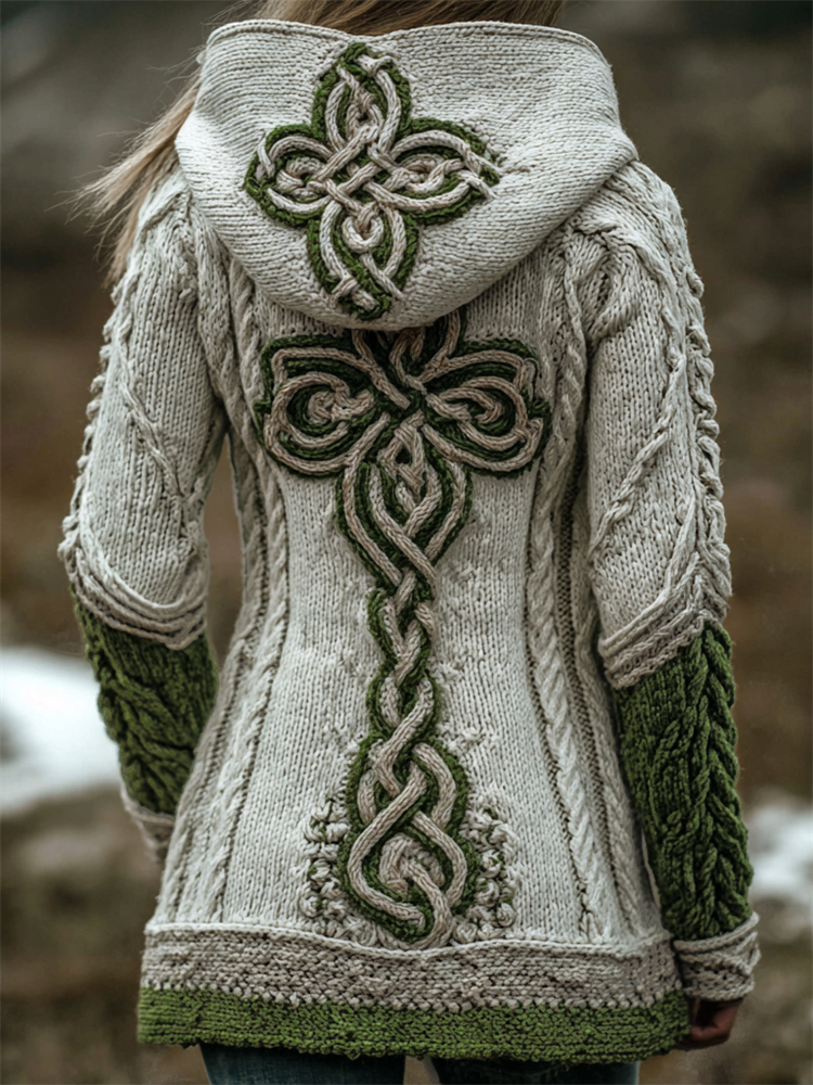 Shamrock Celtic Cross Celtic Knot Chunky Cozy Hooded Cardigan