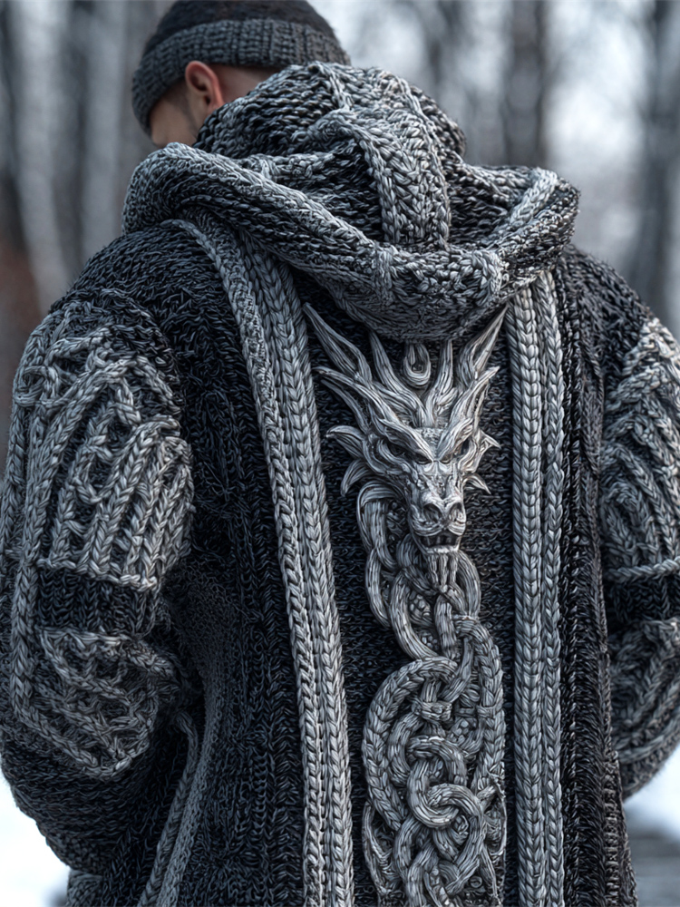 Viking 3d Dragon Totem Men's Chunky Knit Hooded Cardigan