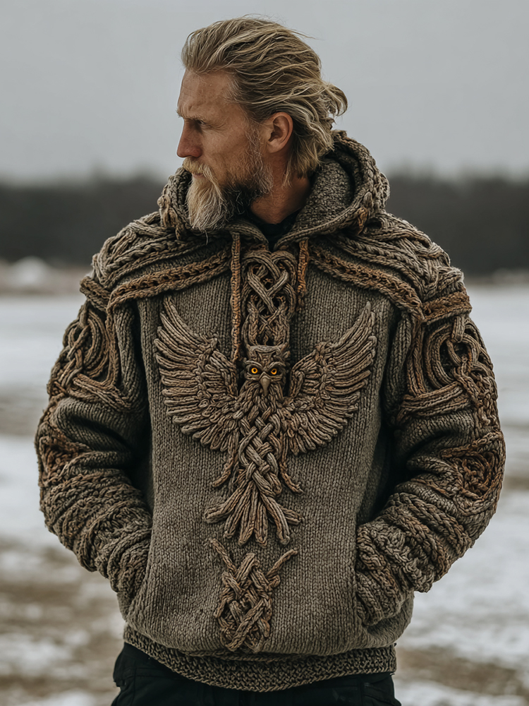 Men's Vintage Viking Eagle Celtic Knot Jacquard Cozy Knit Hooded Sweater