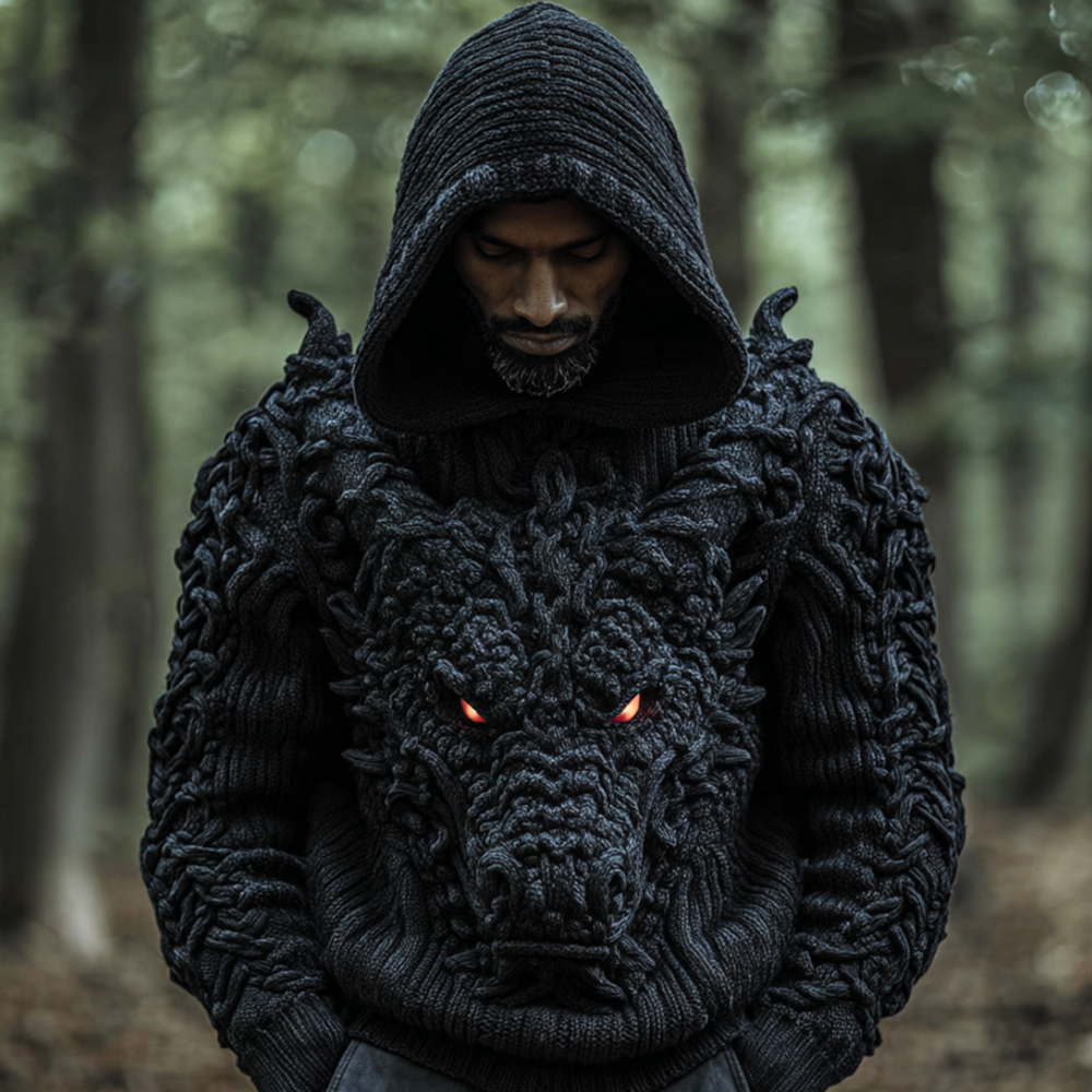 Men's Viking-style Large-dominated Dragon Head Three-dimensional Knitted Vintage Hooded Sweater