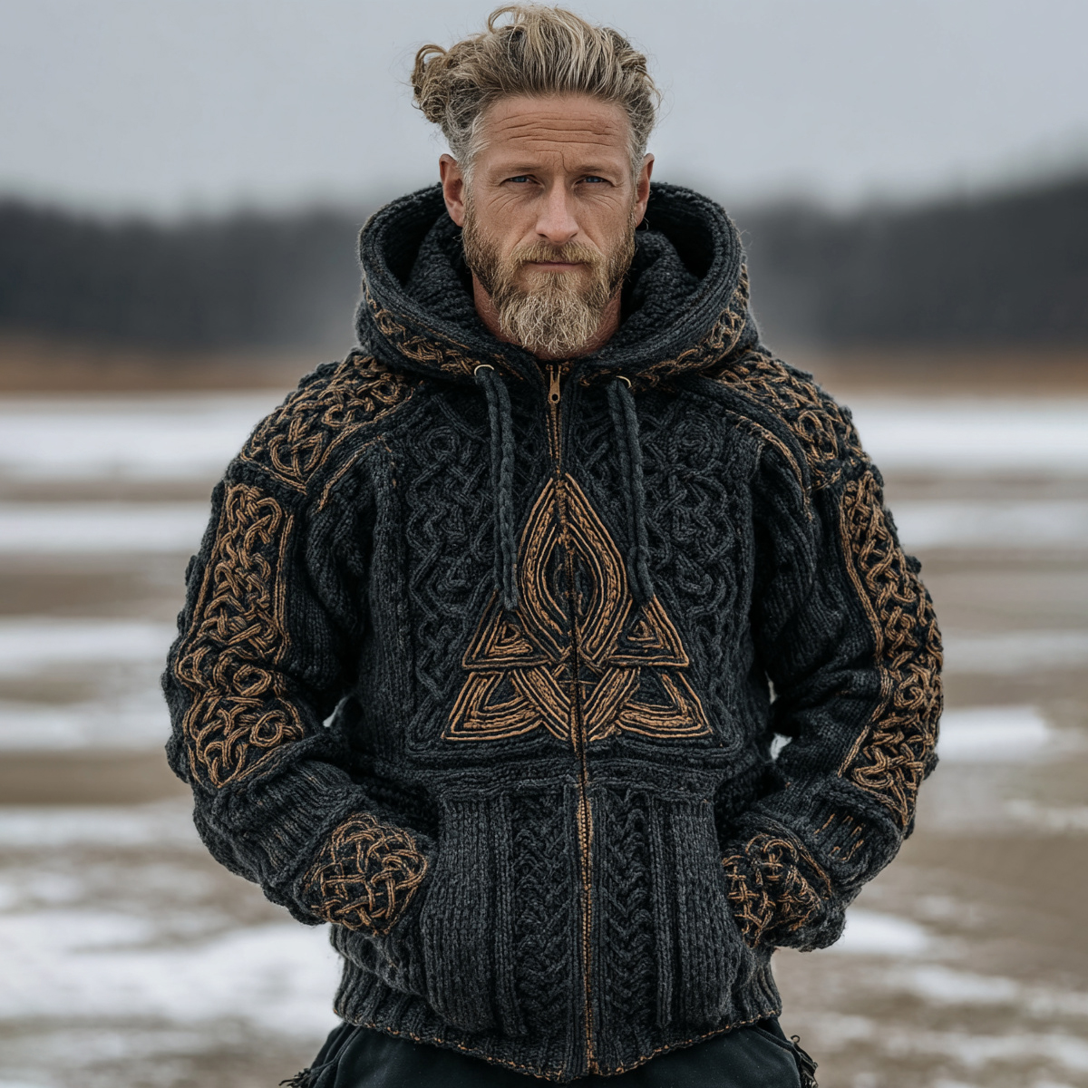 Men's Vintage Viking Celtic Knot Knit Zip Up Hooded Sweater