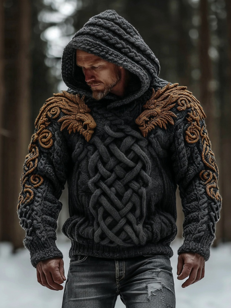 Men's Vintage Viking Dragon Celtic Art Knit Hooded Sweater