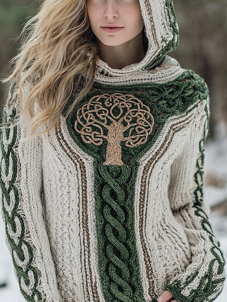 Vintage Tree Of Life Viking Inspired Cozy Knit Hooded Sweater
