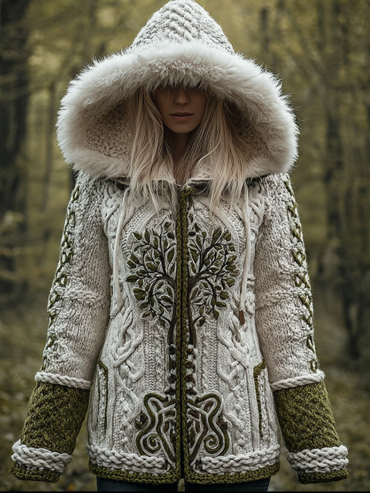 Viking Retro Style Women's Winter Warmth Knit Hooded Sweater Jacket