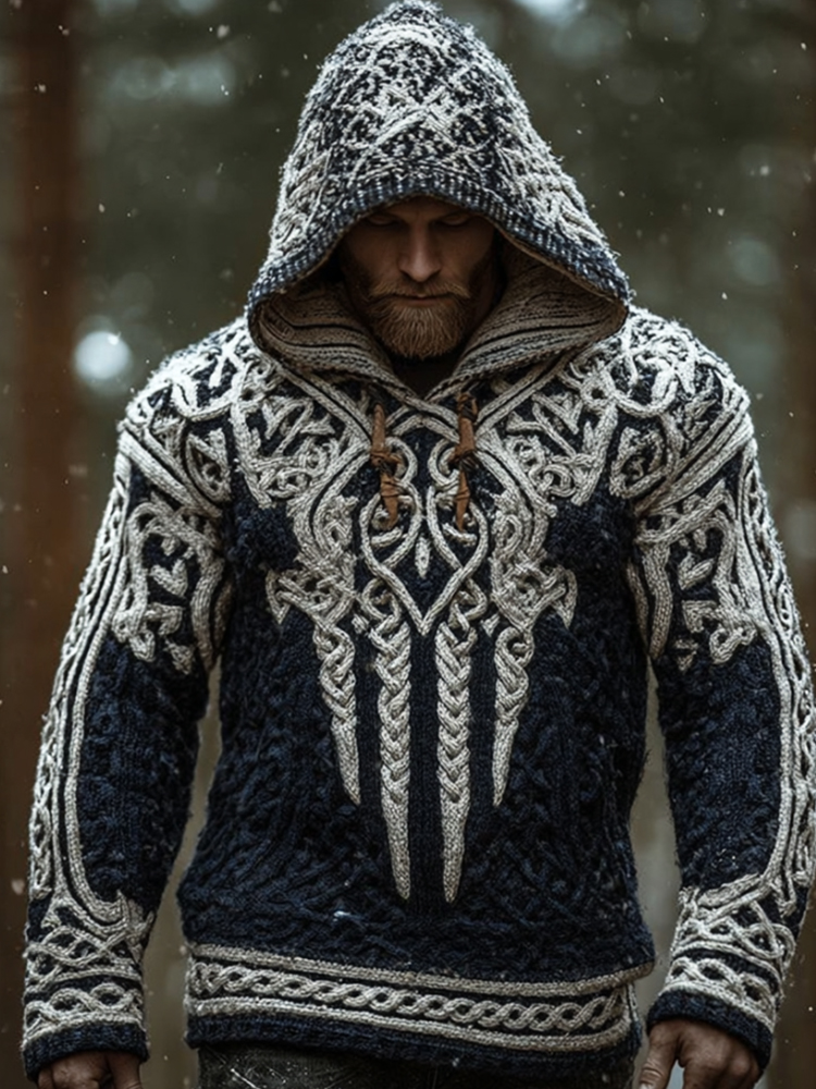Men's Viking Style Contrasting Thick Needle Hooded Sweater